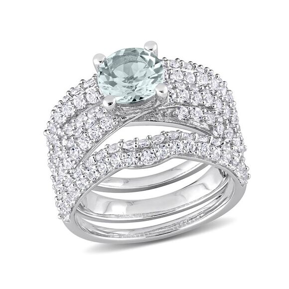 Gem & Harmony Jewelry - 3.75 Carat (ctw) Aquamarine and Lab-Created White Sapphire Engagement Ring & Wed